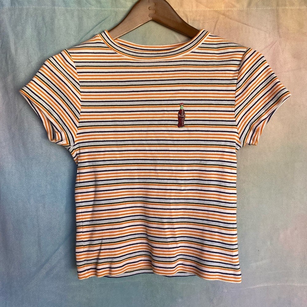 COCA COLA Orange Blue Striped Coke Bottle Patch Embroidery Retro Baby Tee Crop